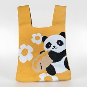 Tote Bag Heavy Knit Yellow Blk & White Panda Print & Soft Plushie Panda